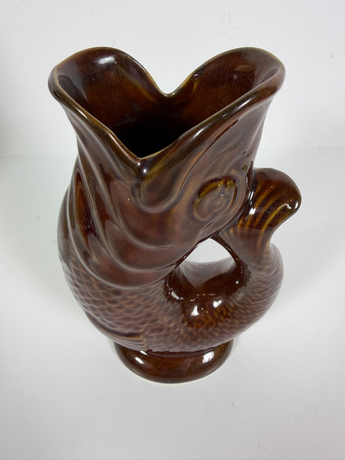 Vintage English Dartmouth Pottery Brown Fish Glug Jug 7'H [Photo 4]