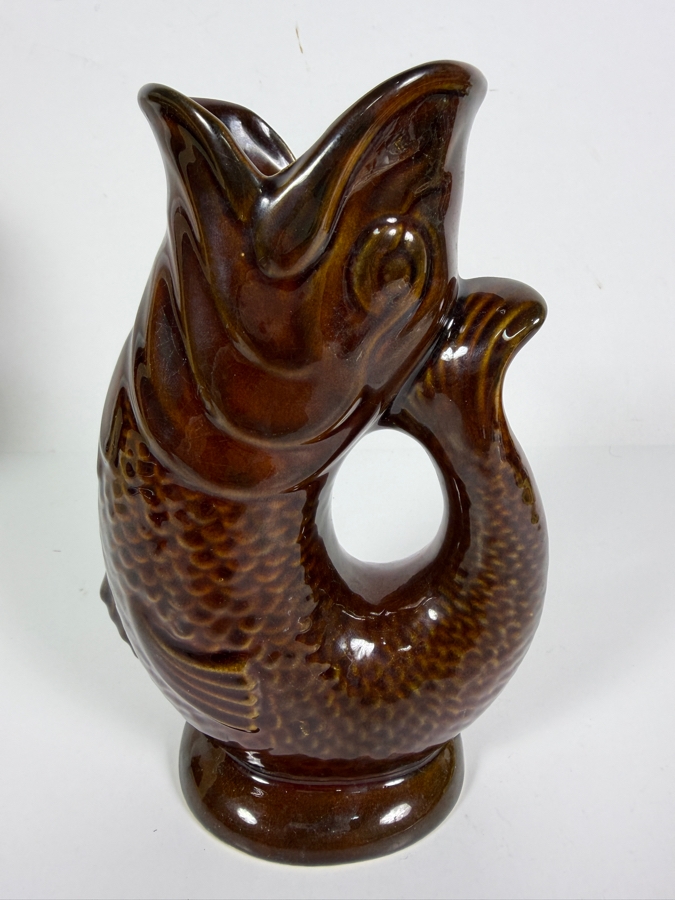 Vintage English Dartmouth Pottery Brown Fish Glug Jug 7'H [Photo 3]