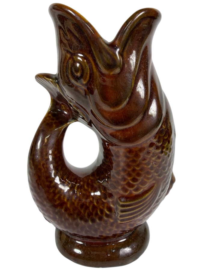 Vintage English Dartmouth Pottery Brown Fish Glug Jug 7'H