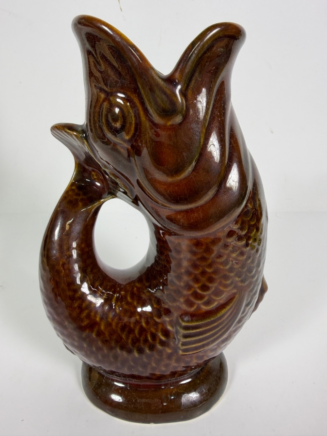 Vintage English Dartmouth Pottery Brown Fish Glug Jug 7'H [Photo 2]