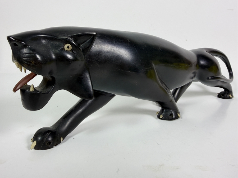 Hand Carved Wooden Blank Panther Sculpture (Back Foot Has Been Repaired) 15.5'L X 4.5'H [Photo 3]