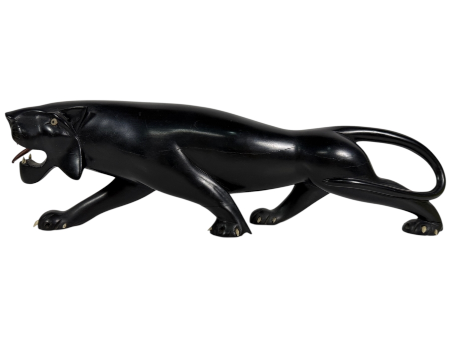 Hand Carved Wooden Blank Panther Sculpture (Back Foot Has Been Repaired) 15.5'L X 4.5'H