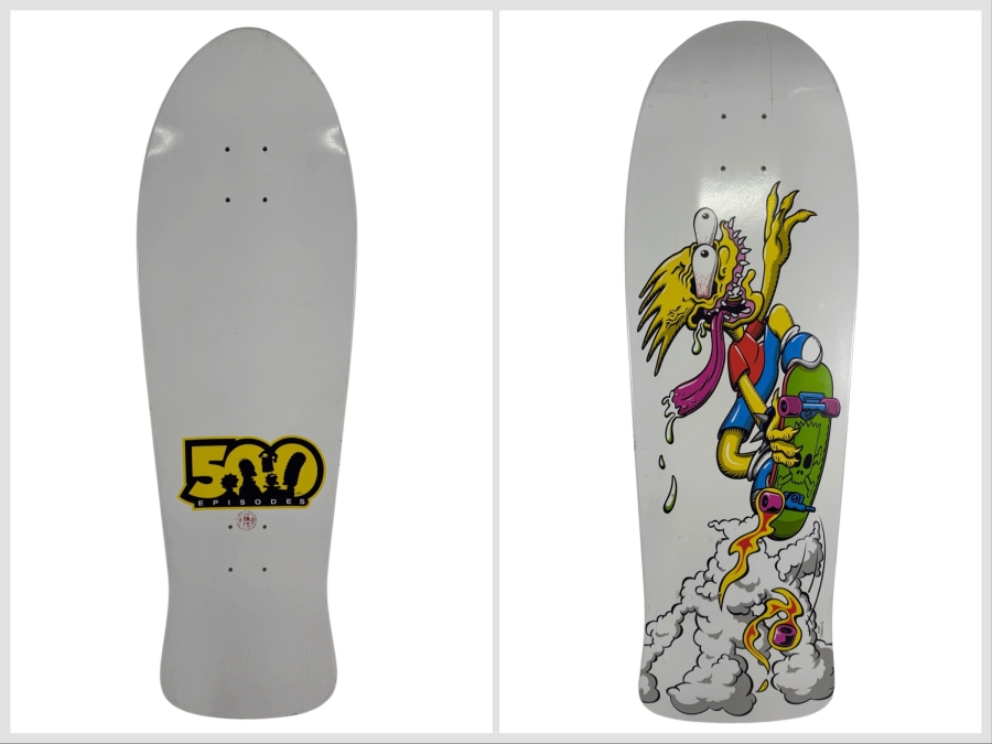 New Limited Edition Santa Cruz x The Simpsons 500th Episode Bart Slasher Skateboard Deck Featuring Bart Simpson Riding His Green Board Numbered 9 of 500 30.25'L Estimate $500-$700