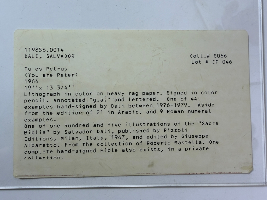 Salvador Dali (1904-1989, Spain) Tu es Petrus (You are Peter) 1964 Lithograph in Color on Heavy Rag Paper Signed in Color Pencil Annotated 'G.A.' and Lettered - 1 of 105 Illustrations of the 'Sacra Biblia' by Rizzoli Editions Milan Italy 13.75' X 19' [Photo 13]