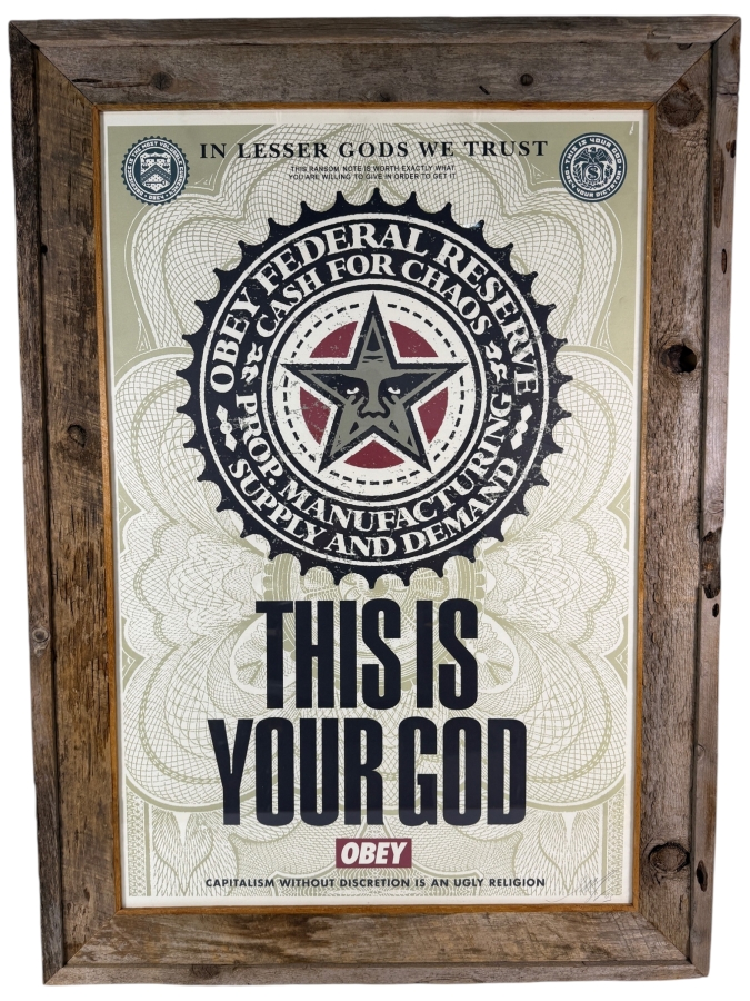 Shepard Fairey 'This Is Your God (aka 'Lesser Gods') Offset Lithograph 2003 Signed Lower Right Professionally Framed 24 X 36 Framed 31 X 43