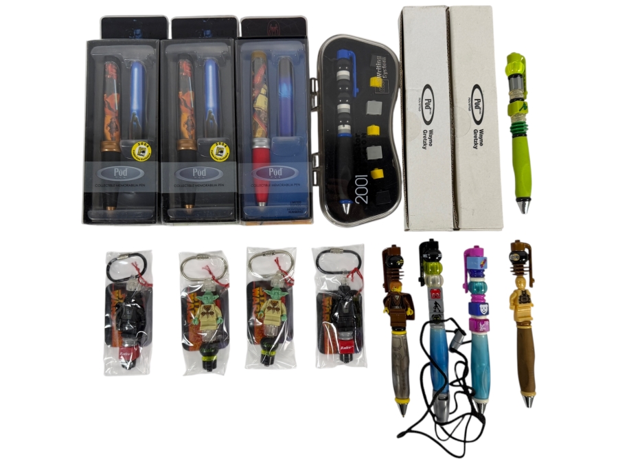Collection of Pod Pens, Lego Pens, Wayne Gretzky Pens and Lego Star Wars Keychains
