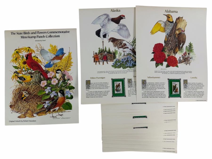 The State Birds and Flowers Commemorative Mint-Stamp Panels Collection with Artist Signed Introductory Panel Signed by Richard Amundsen 50 Mint Stamps / Panels
