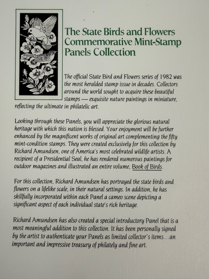 The State Birds and Flowers Commemorative Mint-Stamp Panels Collection with Artist Signed Introductory Panel Signed by Richard Amundsen 50 Mint Stamps / Panels [Photo 14]