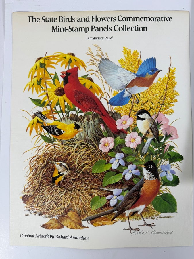 The State Birds and Flowers Commemorative Mint-Stamp Panels Collection with Artist Signed Introductory Panel Signed by Richard Amundsen 50 Mint Stamps / Panels [Photo 2]