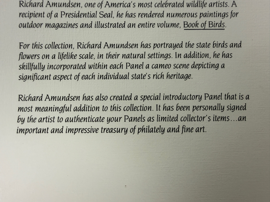 The State Birds and Flowers Commemorative Mint-Stamp Panels Collection with Artist Signed Introductory Panel Signed by Richard Amundsen 50 Mint Stamps / Panels [Photo 15]