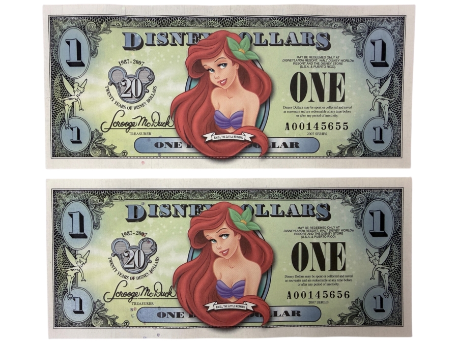 2) 2007 $1 Disney Dollars Featuring Ariel from The Little Mermaid