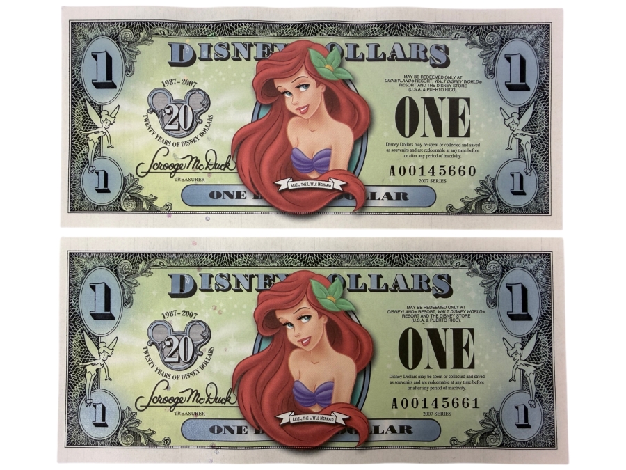 (2) 2007 $1 Disney Dollars Featuring Ariel from The Little Mermaid In Mint Uncirculated Condition Consecutive Serial Numbers A00145660 / A00145661