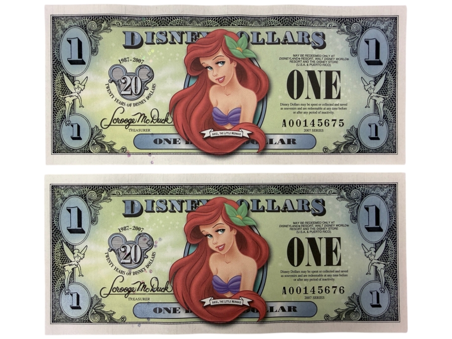 (2) 2007 $1 Disney Dollars Featuring Ariel from The Little Mermaid In Mint Uncirculated Condition Consecutive Serial Numbers A00145675 / A00145676