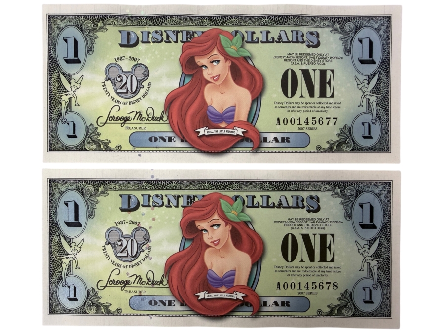 (2) 2007 $1 Disney Dollars Featuring Ariel from The Little Mermaid In Mint Uncirculated Condition Consecutive Serial Numbers A00145677 / A00145678