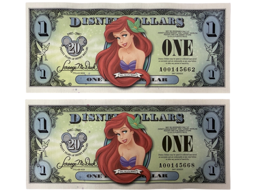 (2) 2007 $1 Disney Dollars Featuring Ariel from The Little Mermaid In Mint Uncirculated Condition Serial Numbers A00145662 / A00145668