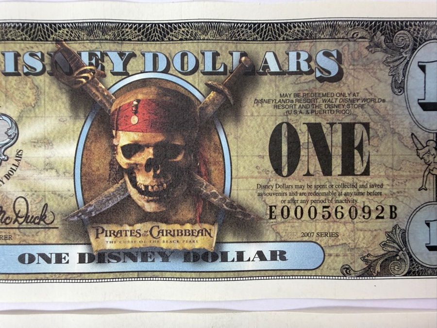 (2) 2007 Series $1 Disney Dollars Pirates of the Caribbean: The Curse of the Black Pearl Design In Mint Uncirculated Condition Consecutive Serial Numbers E00056092B / E00056093B [Photo 2]