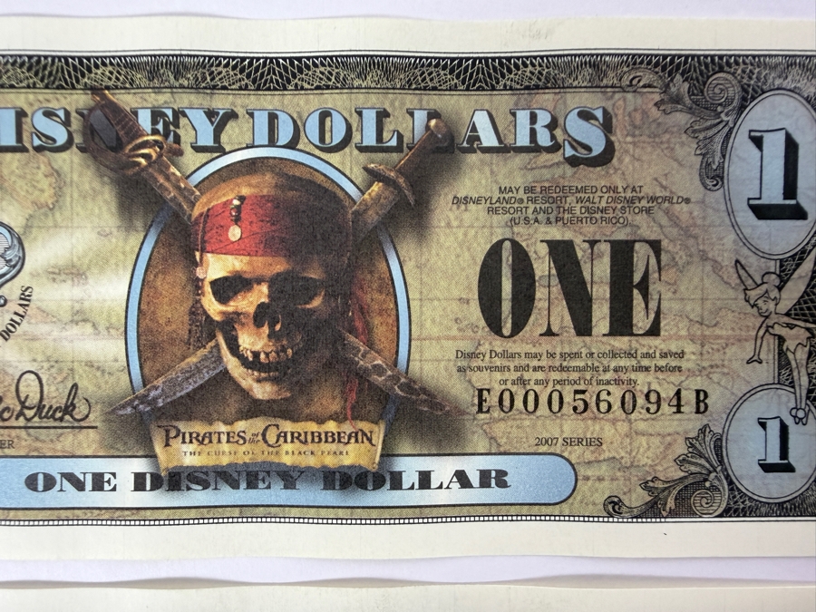 (2) 2007 Series $1 Disney Dollars Pirates of the Caribbean: The Curse of the Black Pearl Design In Mint Uncirculated Condition Consecutive Serial Numbers E00056094B / E00056095B [Photo 2]