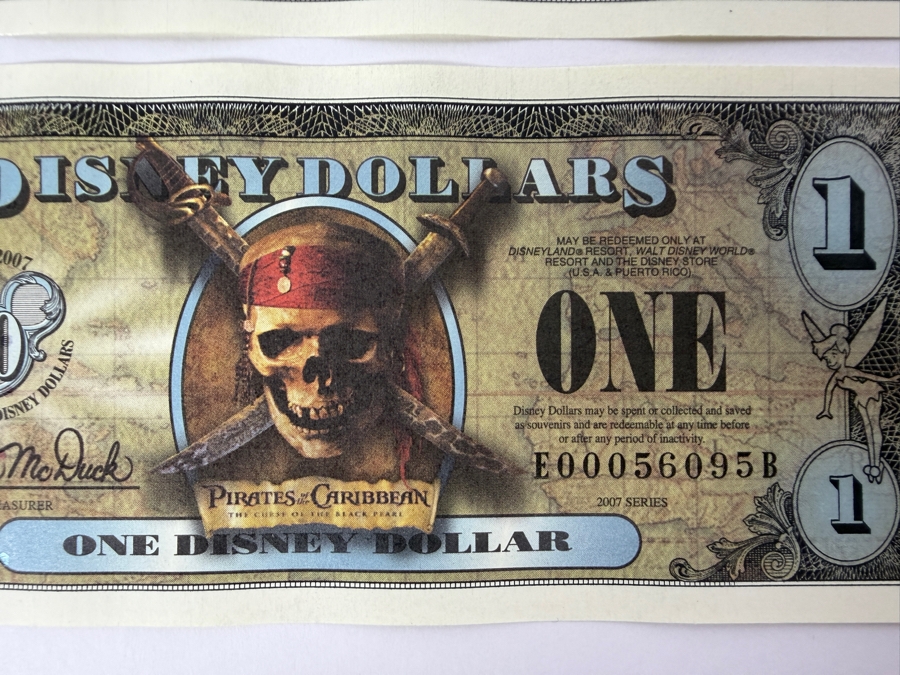 (2) 2007 Series $1 Disney Dollars Pirates of the Caribbean: The Curse of the Black Pearl Design In Mint Uncirculated Condition Consecutive Serial Numbers E00056094B / E00056095B [Photo 3]