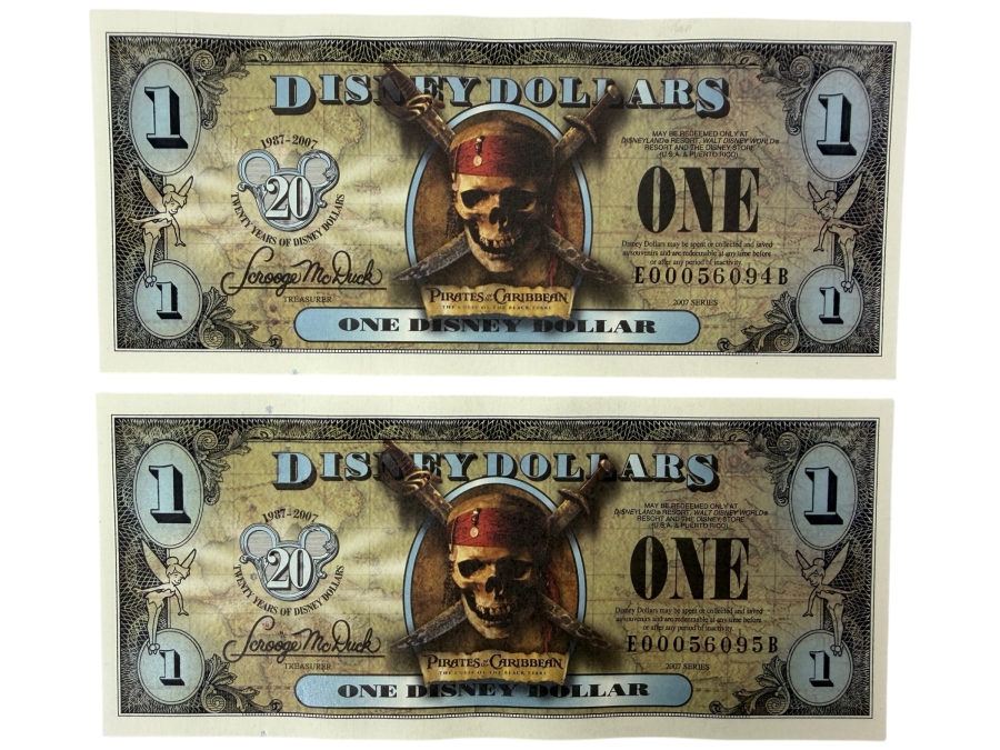 (2) 2007 Series $1 Disney Dollars Pirates of the Caribbean: The Curse of the Black Pearl Design In Mint Uncirculated Condition Consecutive Serial Numbers E00056094B / E00056095B