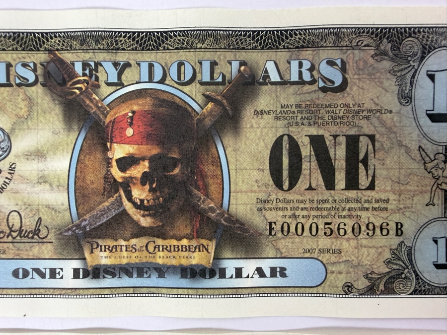 (2) 2007 Series $1 Disney Dollars Pirates of the Caribbean: The Curse of the Black Pearl Design In Mint Uncirculated Condition Consecutive Serial Numbers E00056096B / E00056097B [Photo 2]