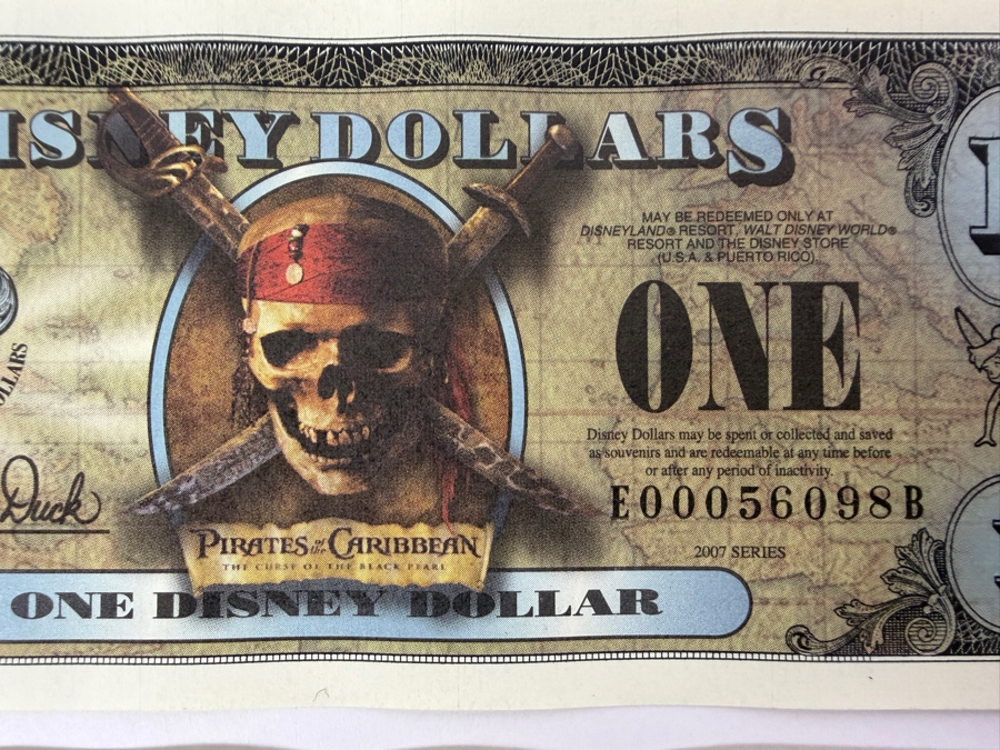 (2) 2007 Series $1 Disney Dollars Pirates of the Caribbean: The Curse of the Black Pearl Design In Mint Uncirculated Condition Consecutive Serial Numbers E00056098B / E00056099B [Photo 2]