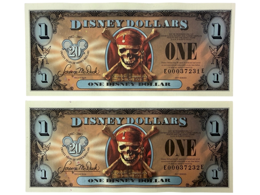 (2) 2007 Series $1 Disney Dollars Pirates of the Caribbean: At World's End Skull Design In Mint Uncirculated Condition Consecutive Serial Numbers E00037231E / E00037232E