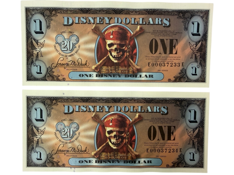 (2) 2007 Series $1 Disney Dollars Pirates of the Caribbean: At World's End Skull Design In Mint Uncirculated Condition Consecutive Serial Numbers E00037233E / E00037234E