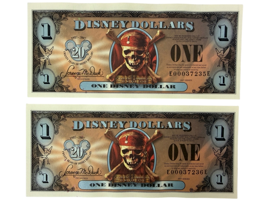 (2) 2007 Series $1 Disney Dollars Pirates of the Caribbean: At World's End Skull Design In Mint Uncirculated Condition Consecutive Serial Numbers E00037235E / E00037236E