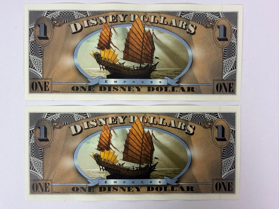 (2) 2007 Series $1 Disney Dollars Pirates of the Caribbean: At World's End Skull Design In Mint Uncirculated Condition Consecutive Serial Numbers E00037243E / E00037244E [Photo 4]