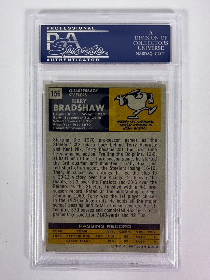 1971 Topps Terry Bradshaw #156 NFL Baseball Card PSA 4 Very Good - Excellent [Photo 2]