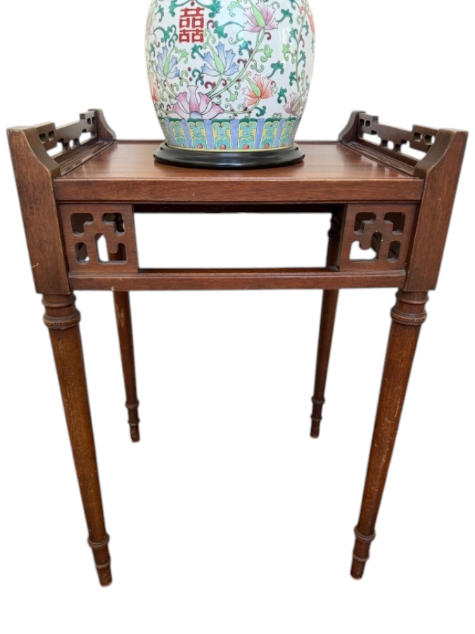Vintage Chinese Chippendale Style Wooden Side Table With Pierced Fretwork 18W X 16D X 27H [Photo 2]