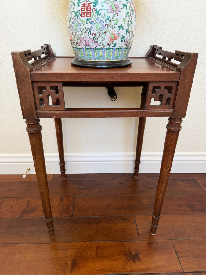 Vintage Chinese Chippendale Style Wooden Side Table With Pierced Fretwork 18W X 16D X 27H