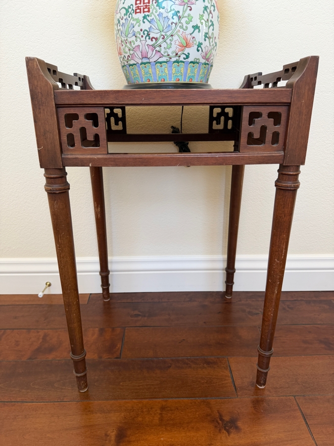 Vintage Chinese Chippendale Style Wooden Side Table With Pierced Fretwork 18W X 16D X 27H [Photo 3]