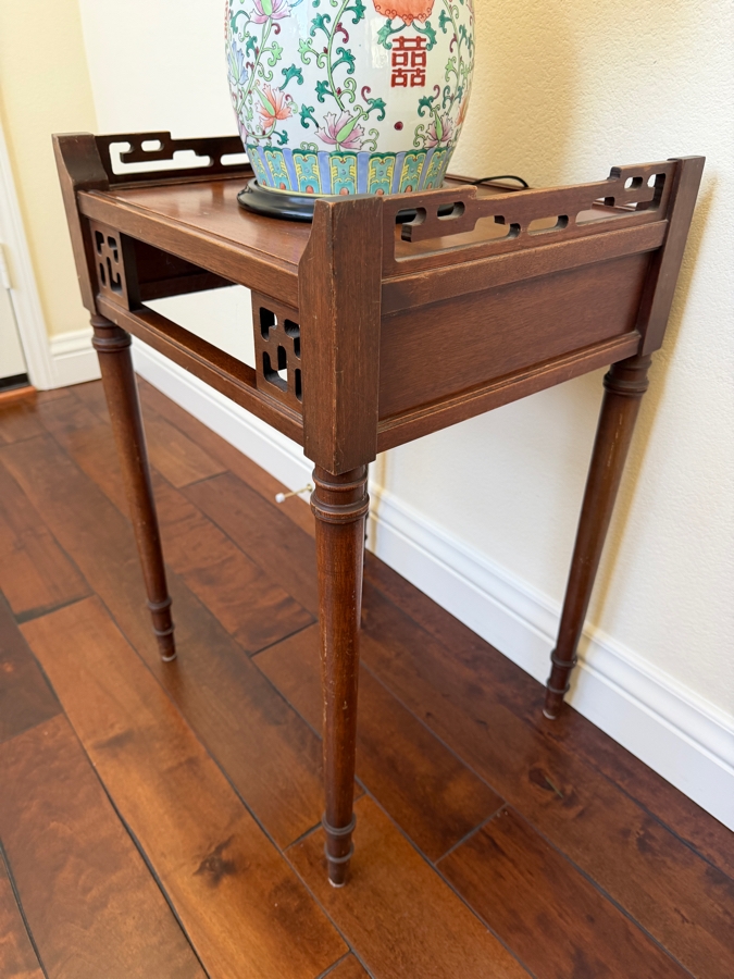 Vintage Chinese Chippendale Style Wooden Side Table With Pierced Fretwork 18W X 16D X 27H [Photo 5]