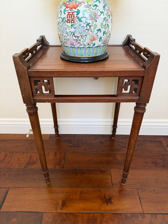Vintage Chinese Chippendale Style Wooden Side Table With Pierced Fretwork 18W X 16D X 27H [Photo 4]
