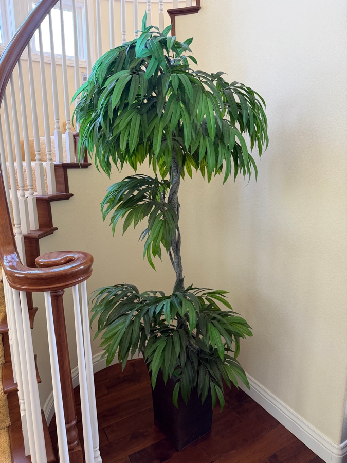 Large Faux Ficus Salicifolia Alii Banana Leaf Silk Tree Featuring A Braided Trunk Accent Within A Dark Rectangular Floor Planter Container 84'H Planter: 20'H [Photo 3]