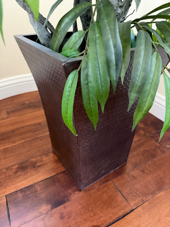 Large Faux Ficus Salicifolia Alii Banana Leaf Silk Tree Featuring A Braided Trunk Accent Within A Dark Rectangular Floor Planter Container 84'H Planter: 20'H [Photo 4]