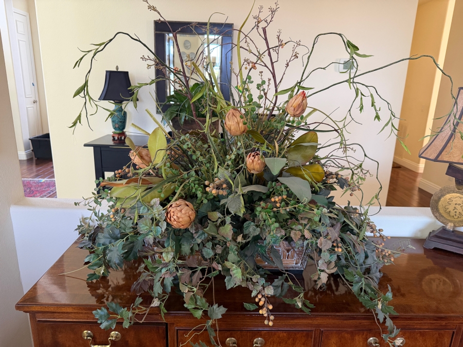 Large Faux Floral Centerpiece Arrangement With Dried Protea Buds Lotus Pods Mixed Ivy Vines Twigs And Berries In A Decorative Planter 46'W X 34'H