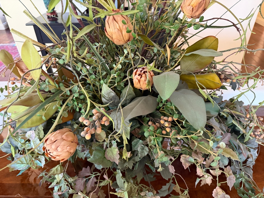 Large Faux Floral Centerpiece Arrangement With Dried Protea Buds Lotus Pods Mixed Ivy Vines Twigs And Berries In A Decorative Planter 46'W X 34'H [Photo 2]