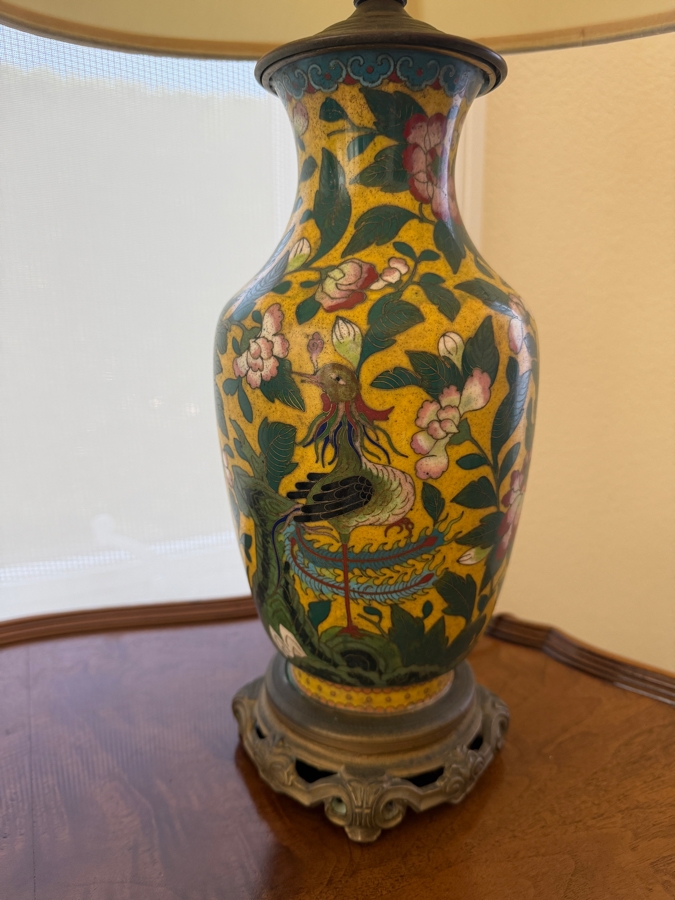 Vintage Chinese Cloisonne Enamel Yellow Ground Baluster Vase Table Lamp Decorated With Phoenix Bird and Peony Blossoms On Metal Base [Photo 2]