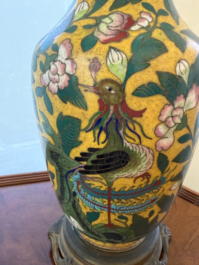 Vintage Chinese Cloisonne Enamel Yellow Ground Baluster Vase Table Lamp Decorated With Phoenix Bird and Peony Blossoms On Metal Base [Photo 3]