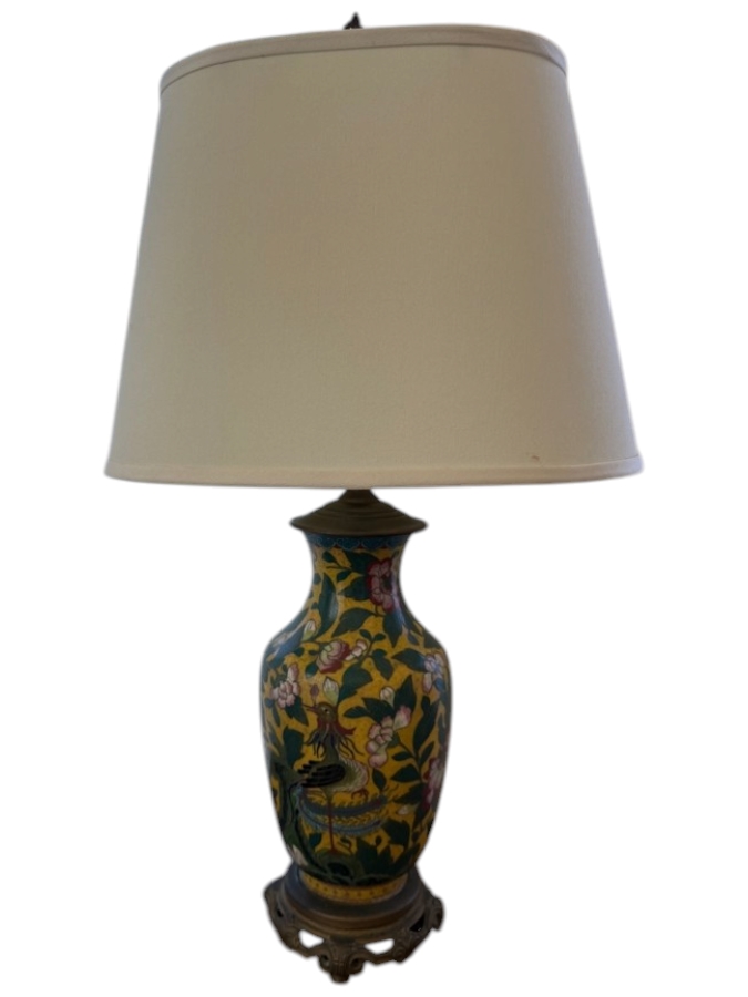 Vintage Chinese Cloisonne Enamel Yellow Ground Baluster Vase Table Lamp Decorated With Phoenix Bird and Peony Blossoms On Metal Base [Photo 5]