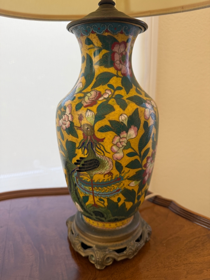 Vintage Chinese Cloisonne Enamel Yellow Ground Baluster Vase Table Lamp Decorated With Phoenix Bird and Peony Blossoms On Metal Base