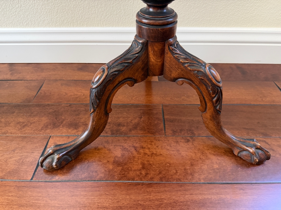 Vintage Chippendale Style Mahogany Piecrust Tea Table Featuring Fluted Pedestal Column And Carved Tripod Ball And Claw Feet 28'W X 22'D [Photo 3]