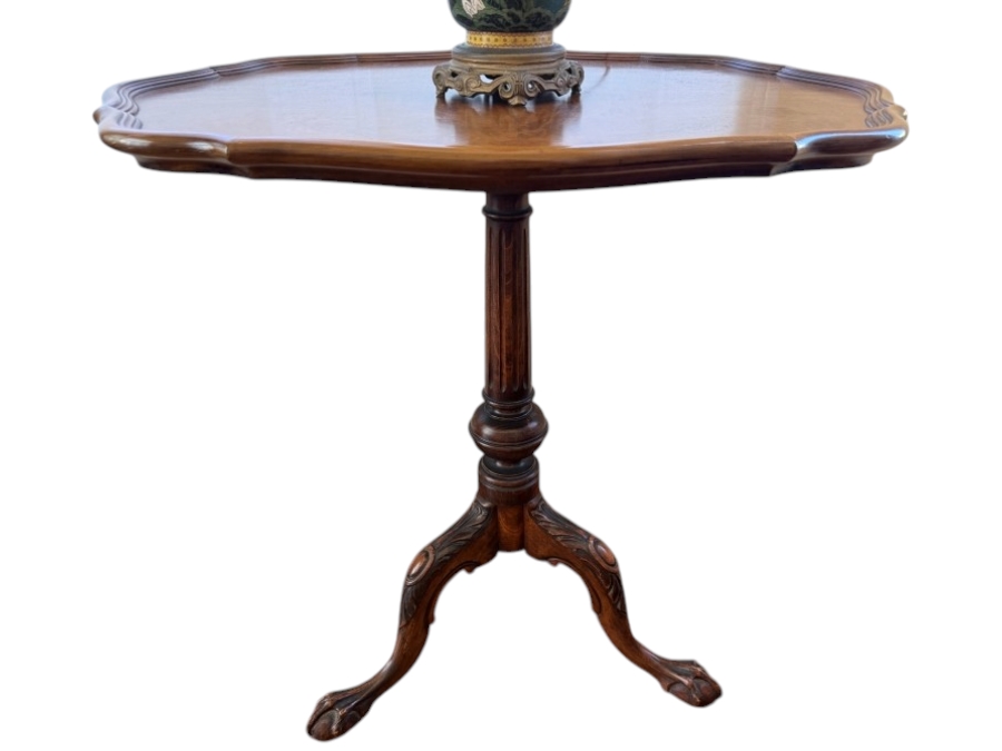 Vintage Chippendale Style Mahogany Piecrust Tea Table Featuring Fluted Pedestal Column And Carved Tripod Ball And Claw Feet 28'W X 22'D [Photo 2]