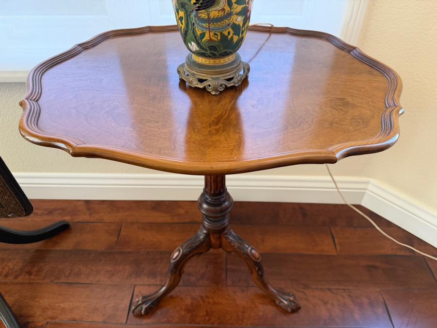 Vintage Chippendale Style Mahogany Piecrust Tea Table Featuring Fluted Pedestal Column And Carved Tripod Ball And Claw Feet 28'W X 22'D [Photo 6]