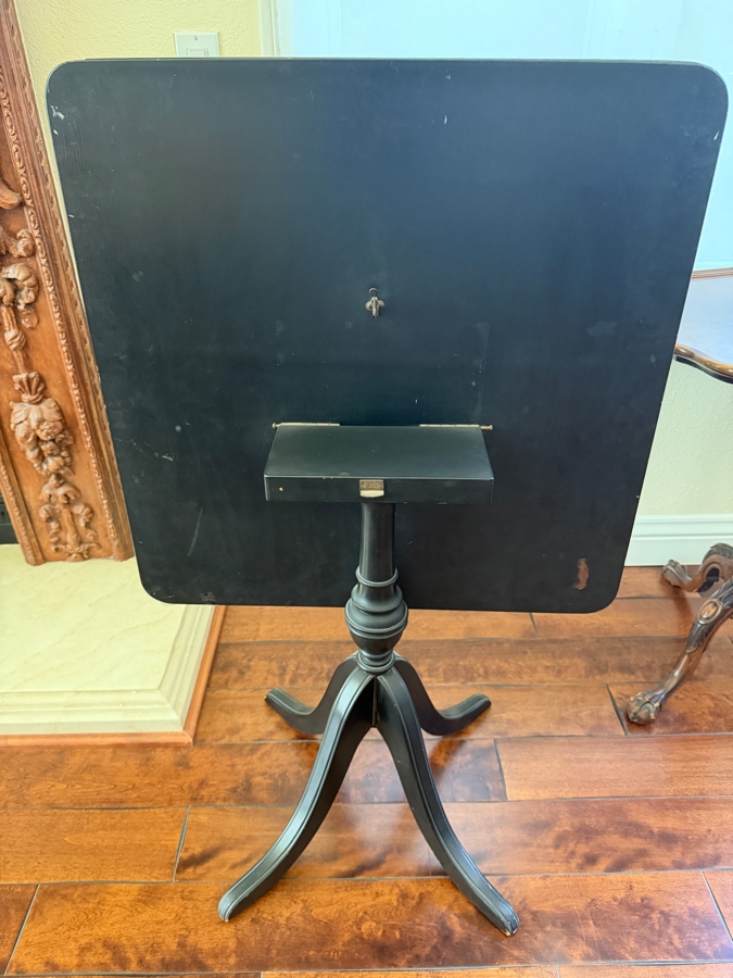 Vintage Chinoiserie Black Tilt Top Table With Gilt Hand Painted Asian Landscape Scene And Curved Tripod Pedestal Base 27'W X 41.5'H [Photo 6]