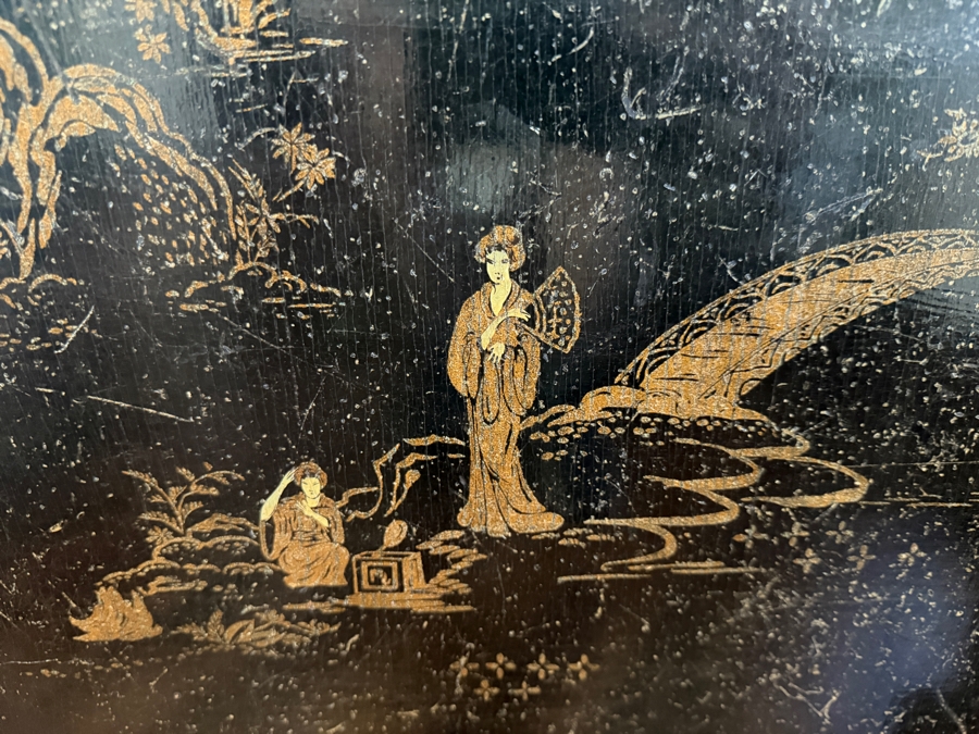 Vintage Chinoiserie Black Tilt Top Table With Gilt Hand Painted Asian Landscape Scene And Curved Tripod Pedestal Base 27'W X 41.5'H [Photo 4]