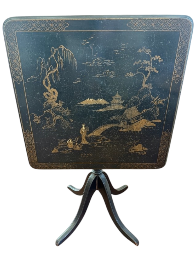 Vintage Chinoiserie Black Tilt Top Table With Gilt Hand Painted Asian Landscape Scene And Curved Tripod Pedestal Base 27'W X 41.5'H
