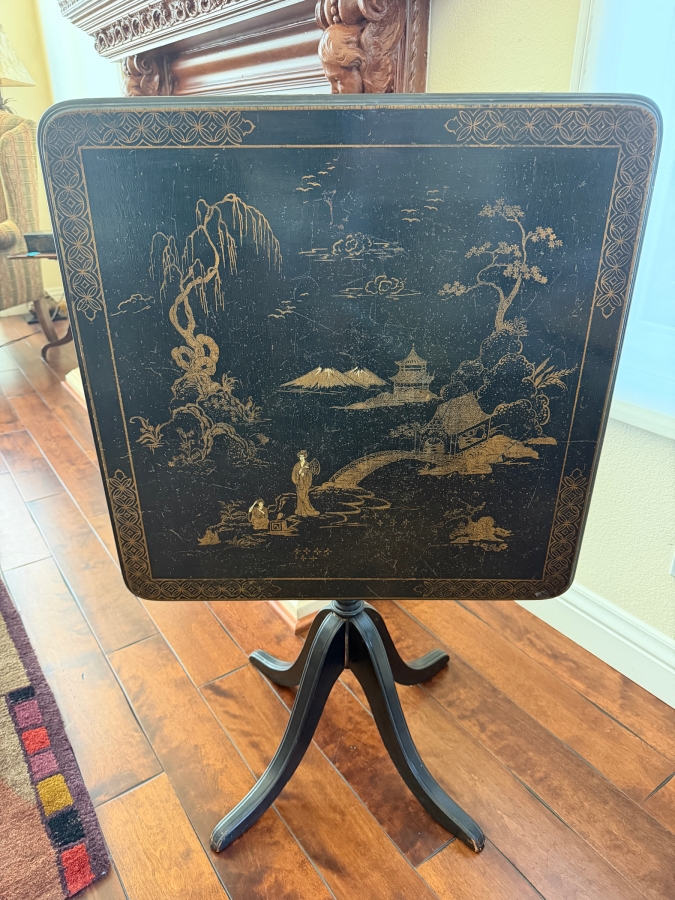Vintage Chinoiserie Black Tilt Top Table With Gilt Hand Painted Asian Landscape Scene And Curved Tripod Pedestal Base 27'W X 41.5'H [Photo 2]